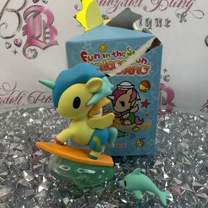 tokidoki fun in the sun Yellow Blue Surfing Bird with Orange Board Teal Dolphin